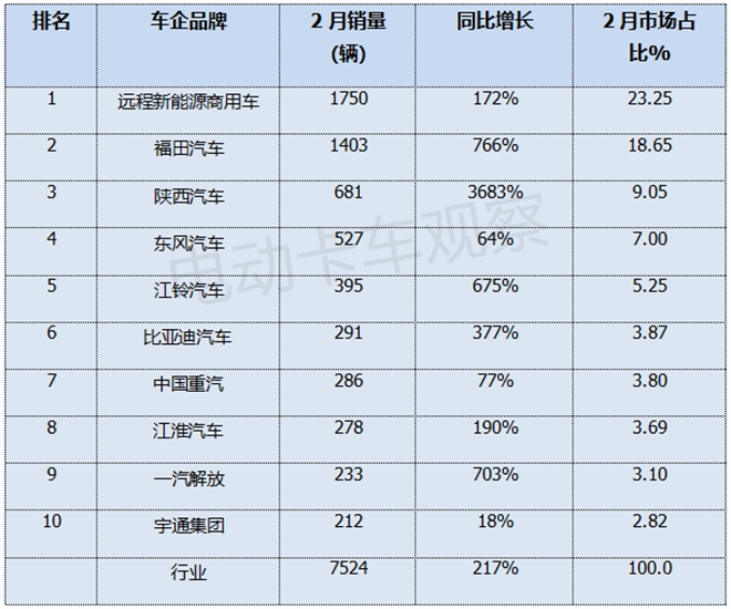 2025年2月新能源轻卡：远程、福田、陕西汽车居前三